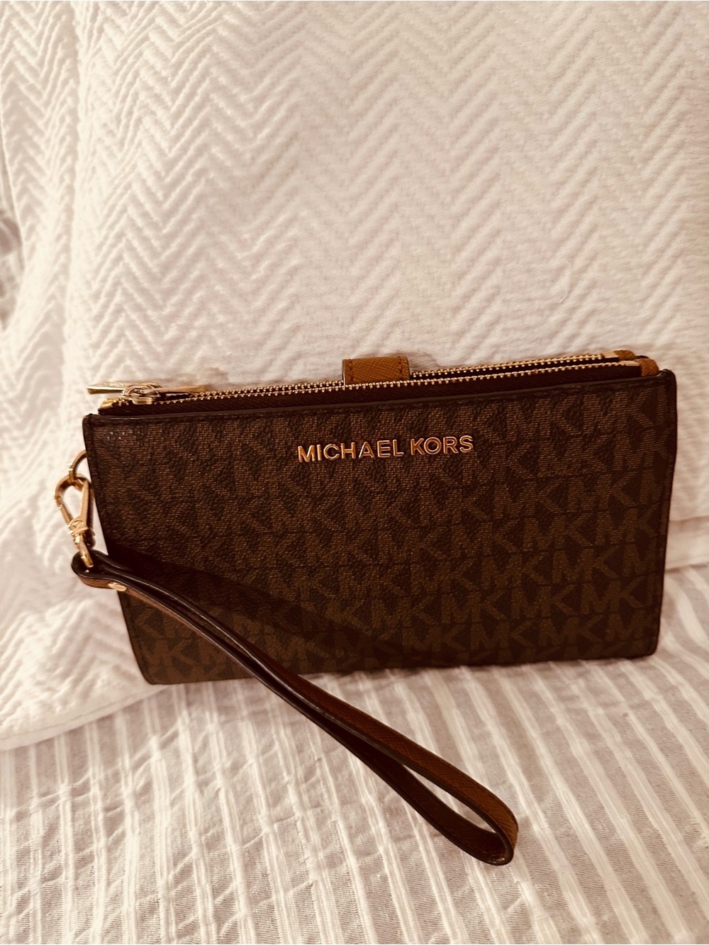 Michael Kors Dark Brown Signature Logo Wristlet with Gold Hardware